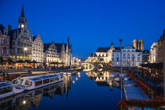 Cityscape of Ghent at night Belgium Europe.- Image