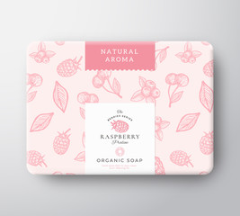 Raspberry Bath Soap Cardboard Box. Abstract Vector Wrapped Paper Container with Label Cover. Packaging Design. Modern Typography and Hand Drawn Berries Background Pattern Layout.