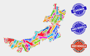 Vector handmade combination of Inner Mongolia map and rubber watermarks. Mosaic Inner Mongolia map is made of randomized bright colorful hands. Rounded watermarks with grunge rubber texture.