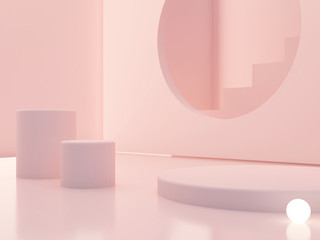 3d render. Minimal scene with podiums to show a product. Pink pastel colors scene with geometrical forms and pink cylinder podium. platforms and stair in background. Elegant, trendy scene with lights.