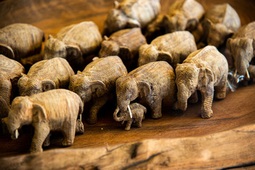 Beautiful various of elephants wooden carving from teak timber and amazing carve art work on old...