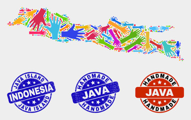 Vector handmade combination of Java Island map and rubber seals. Mosaic Java Island map is made with randomized bright colored hands. Rounded seals with distress rubber texture.