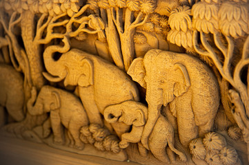Beautiful elephants wood carving for interior decoration house.