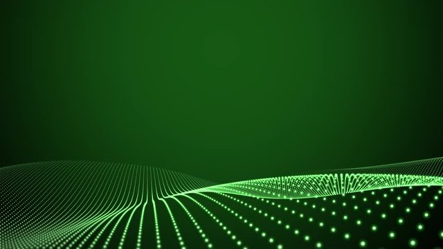 A futuristic wave of coloured green dots changing shape against a dark green background