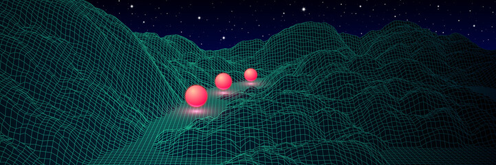Landscape with wireframe grid of 80s styled retro computer game