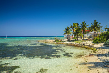 beach houses on the water's edge of a tropical island