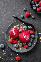 Berry refreshing ice cream scoops on plate