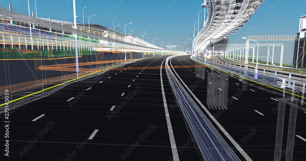 Wall mural The BIM model of the of transportation infrastructure object of wireframe view