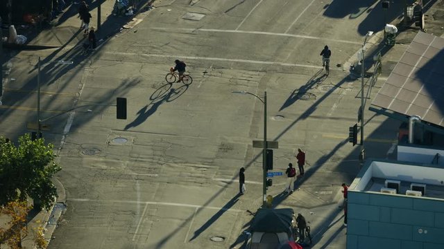 Aerial sunrise view Skid Row city street LA