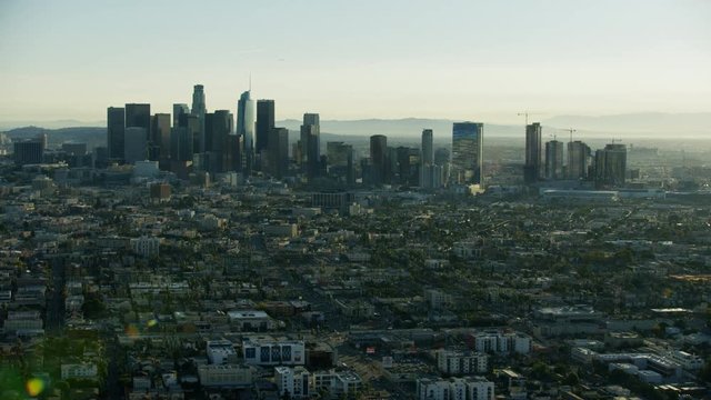 Aerial sunrise view central Los Angeles urban neighborhood