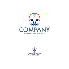 Lighthouse, anchor, sea and sun logo design