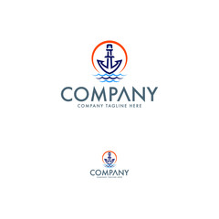 Lighthouse, anchor, sea and sun logo design