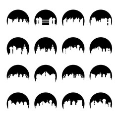 building, city skyline tower in circle shape vector set