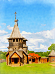 Fototapeta na wymiar Ancient wooden Church. Digital painting