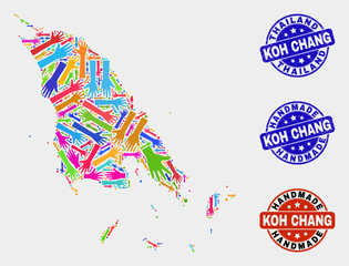 Vector handmade collage of Koh Chang map and grunge stamp seals. Mosaic Koh Chang map is composed from randomized bright colorful hands. Rounded stamp imprints with grunge rubber texture.