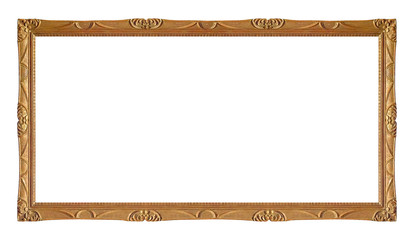 Panoramic golden frame for paintings, mirrors or photo isolated on white background