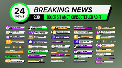 Interface Tv Breaking News Lower Bra Set Vector. Collection Of Colorful Bright Design Lower Show, Sport Or Streaming Video Decoration Banner. Modern Television Flat Cartoon Illustration