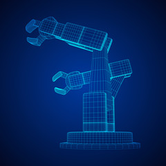 Robotic arm manufacture technology industry assembly mechanic hand wireframe low poly mesh vector illustration