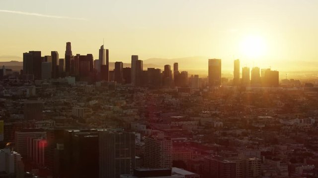 Aerial sunrise view Koreatown with LA city skyline