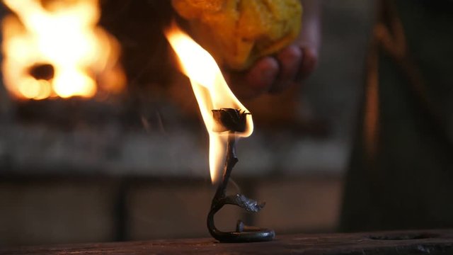 Beautiful rose is placed on a steel anvil covered with flame in a smithy workshop 