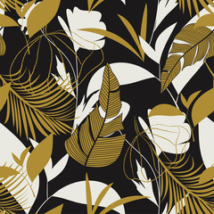 Trend seamless tropical pattern with bright leaves, flowers and plants on brown background. Vector design. Jungle print. Floral background. Printing and textiles. Exotic tropics. Summer design.
