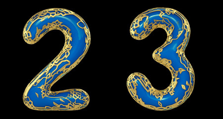 Number set 2, 3 made of realistic 3d render golden shining metallic. Collection of gold shining metallic with blue color plastic symbol