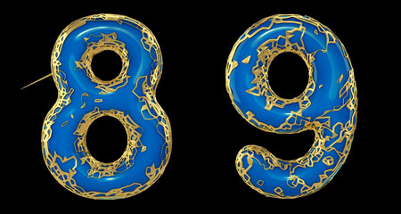 Number set 8, 9 made of realistic 3d render golden shining metallic. Collection of gold shining metallic with blue color plastic symbol