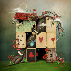 Conceptual fantasy illustration of Wonderland with playing card suits. 