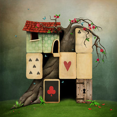 Conceptual fantasy illustration of Wonderland with playing card suits. 