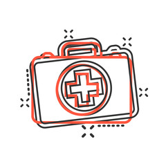 Obraz premium First aid kit icon in comic style. Health, help and medical diagnostics vector cartoon illustration on white isolated background. Doctor bag business concept splash effect.