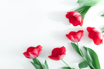 Flowers composition romantic. Pink tulips on white background. Wedding. Birthday. Happy womens day. Mothers Day. Valentine's Day. Flat lay, top view, copy space