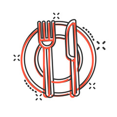 Fork, knife and plate icon in comic style. Restaurant vector cartoon illustration on white isolated background. Dinner business concept splash effect.