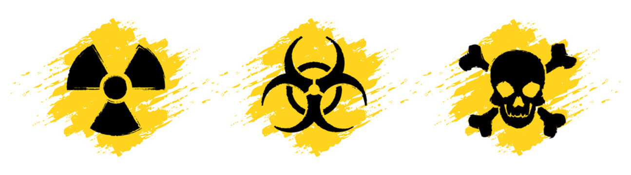 Danger grunge vector signs. Radiation sign, Biohazard sign, Toxic sign, Poison sign.