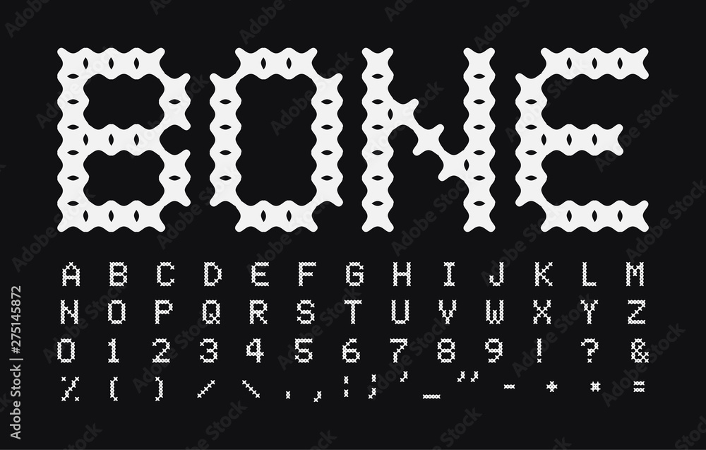 Poster Abstract bone vector letters and numbers set. White simple uppercase style vector latin alphabet. Font for puppy eat, dog and cat product, logos, banner, monogram and poster. Typography design.