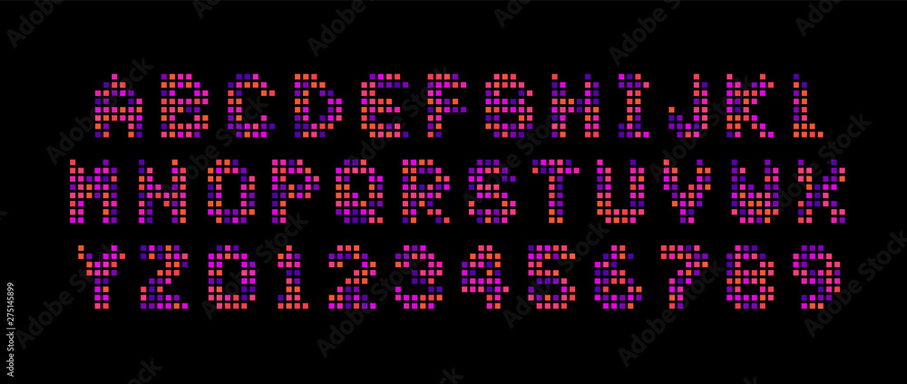 Poster scoreboard letters and numbers set. digital screen, square mosaic, led style vector latin alphabet. 