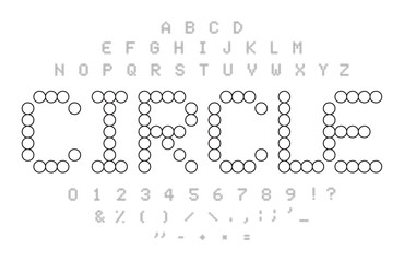 Circle contours alphabet. Black and white simple dotted letters, numbers and symbols set. Mosaic tiles shape. Circle puzzle font concept.