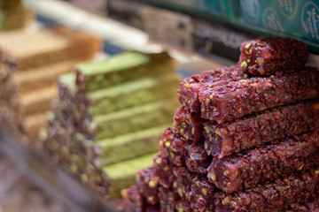 Turkish delight (Cezerye) sweet different colors. It was taken in front of the store.