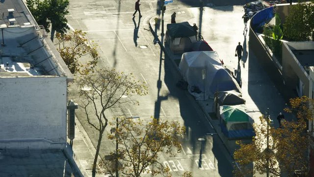 Aerial sunrise view homeless population Skid Row LA
