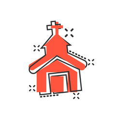 Church icon in comic style. Chapel vector cartoon illustration on white isolated background. Religious building business concept splash effect.