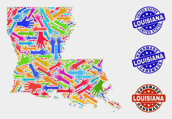 Vector handmade composition of Louisiana State map and rubber seals. Mosaic Louisiana State map is made with scattered bright colored hands. Rounded stamp imprints with grunge rubber texture.