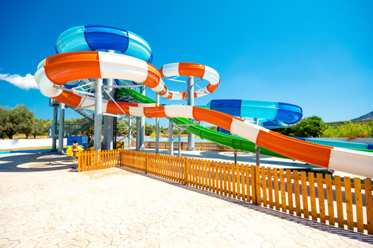 colorful open-air water slides, view at an angle