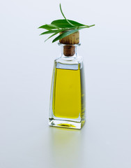 Carafe with olive oil and olive twig from olive tree. Isolated on white