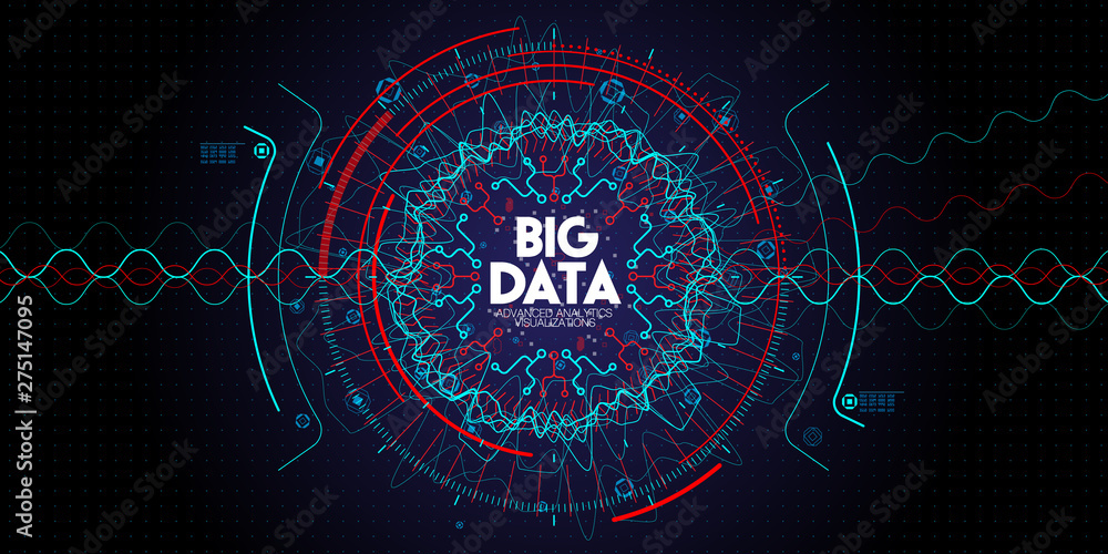 Fototapete Big data avanced technology and visualization with Fractal element with lines and dots array on dark background.