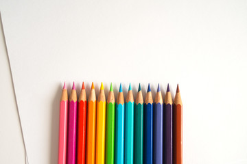Photo of many color pencils on white background. Various colors. Advertising, blog post, newsletters.