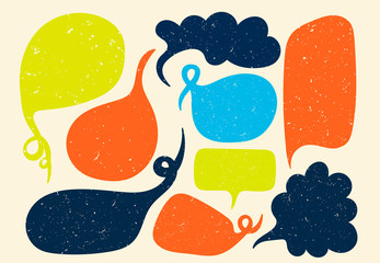 Various blank speech bubbles. Hand drawn set. Different shapes. Abstract contemporary modern trendy vector illustration. Stamp texture. All elements are isolated