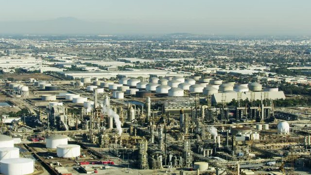 Aerial view Torrance city oil refinery Los Angeles