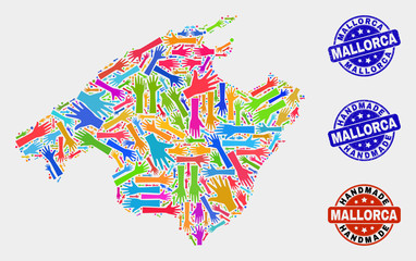 Vector handmade combination of Mallorca map and rubber stamps. Mosaic Mallorca map is done with randomized bright colorful hands. Rounded stamp imprints with scratched rubber texture.