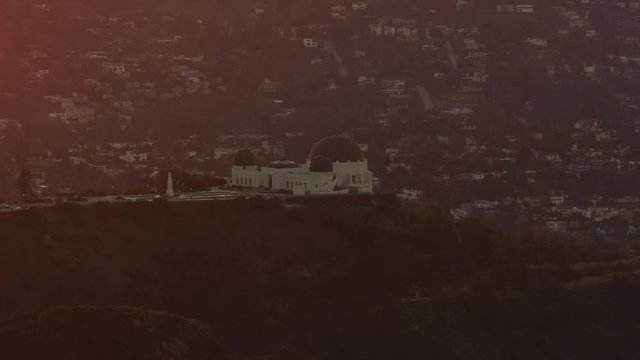 Aerial view Griffith Observatory with sun flare LA