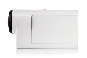 Portable video camera on a white background. Action camera close up.