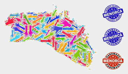 Vector handmade collage of Menorca Island map and rubber stamps. Mosaic Menorca Island map is designed with randomized bright colored hands. Rounded stamp imprints with corroded rubber texture.